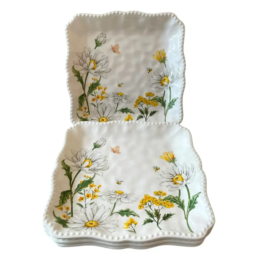 MAXCERA Spring Easter Bee Butterfly Daisy Square Dinner Plates Set of 4 New